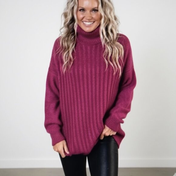 Free People Big City Ribbed Turtleneck Sweater in Mulberry Garnet, S NWT - Picture 1 of 12